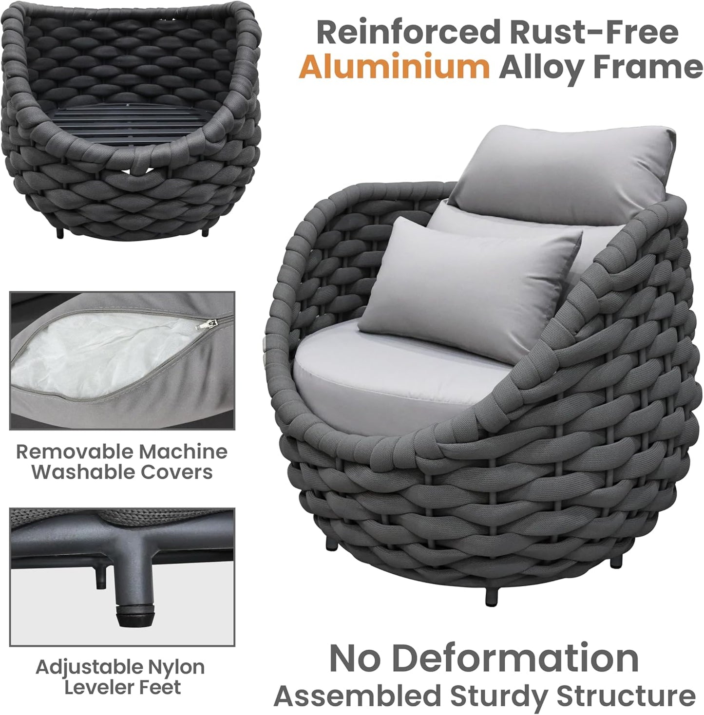 Aluminum Porch Outdoor Furniture Set: 6 Pieces Rope Patio Conversation Sofa Set - Modern Woven Deck Couch Set Cushioned - No Assembly All Weather Seating for 660lbs Yard Garden Lanai Hotel Pool