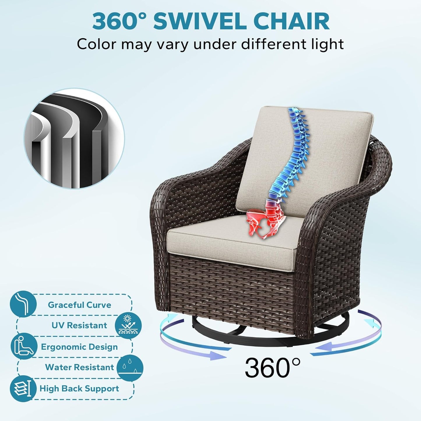 5 Pieces Outdoor Patio Conversation Furniture Set, 4 Pieces Rattan Glider 360 Degree Swivel Rocker Chairs with Removable Cushions, Coffee Table for Porch, Poolside (Beige)