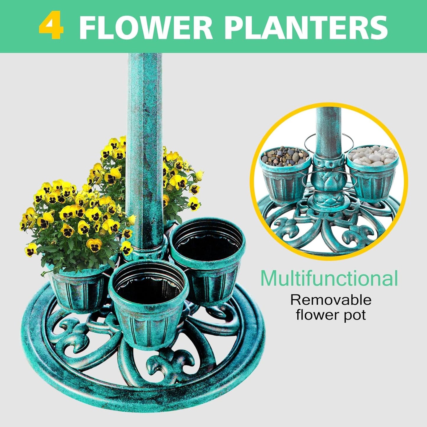 Bird Bath for Outside with 4 Removable Flower Planters 28in Polyresin Lightweight Vintage Birdbath Stake Standing Bowl and Water Feeder Yard Gardan Decor Green