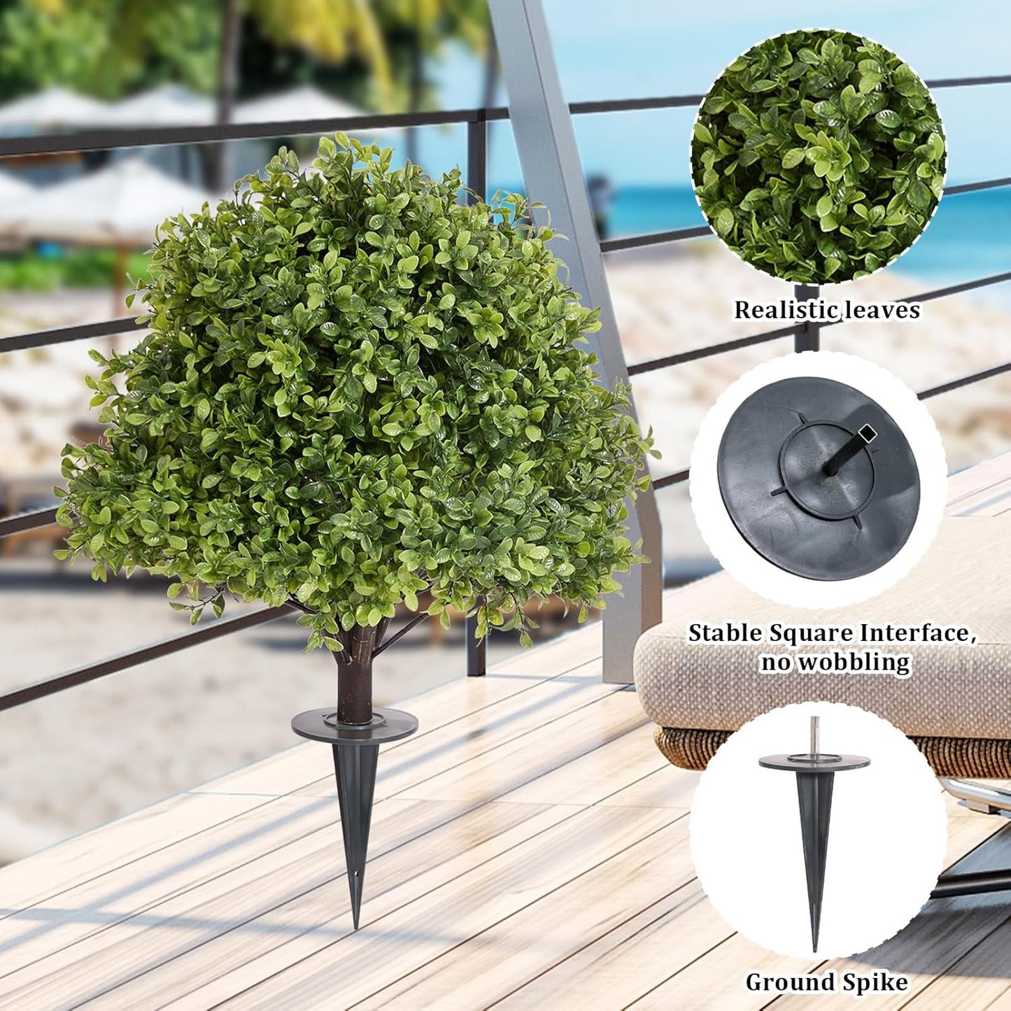 27" Tall Artificial Boxwood Ball Topiary Trees Set of 2, UV Resistant Large Faux Plants Outdoor, 2ft Fake Bushes and Shrubs Look Real with Ground Spike for Front Porch Outside Planter Backyard Decor