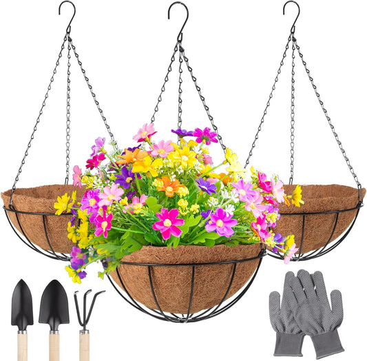 LemonRoad 3 Pack 12 Inch Hanging Baskets for Plants Outdoor Indoor, Metal Hanging Planters with Coconut Fiber Liner Chains and Ceiling Hooks Garden Tools Set for Garden House Patio Decor