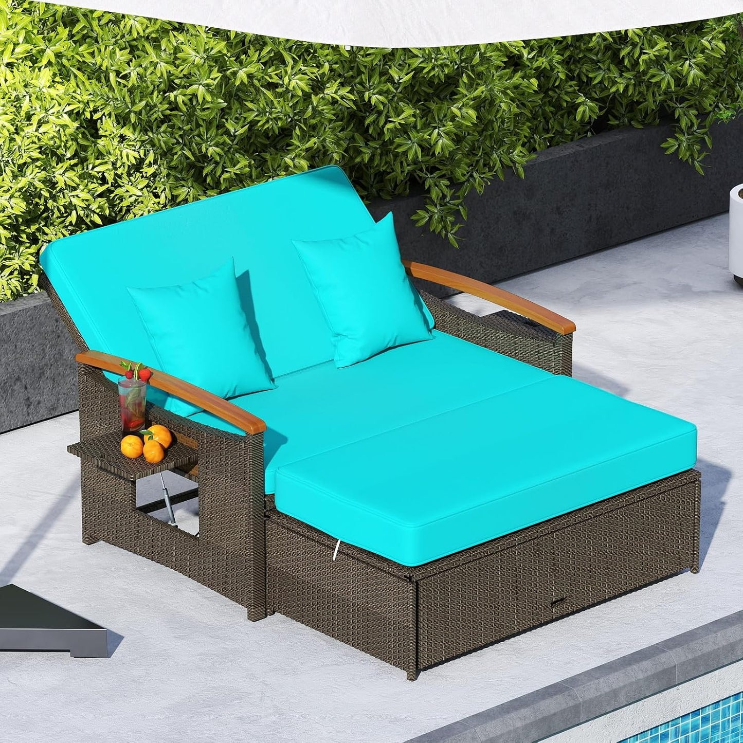 Tangkula Patio Rattan Daybed Set with Cushioned Loveseat and Storage Ottoman, Outdoor Double Chaise Lounger with 4-Level Adjustable Backrest and Retractable Side Trays for Backyard (Turquoise)