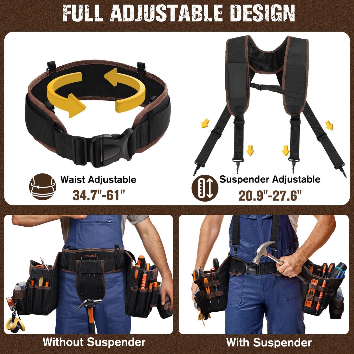 Tool Belts for Men, 36 Pockets Tool Belt with Suspenders, Heavy Duty Tool Belt Suspenders with Detachable & Adjustable Tool Pouches Bag for Electrician, Carpenter, Construction, Framers(35"-61")