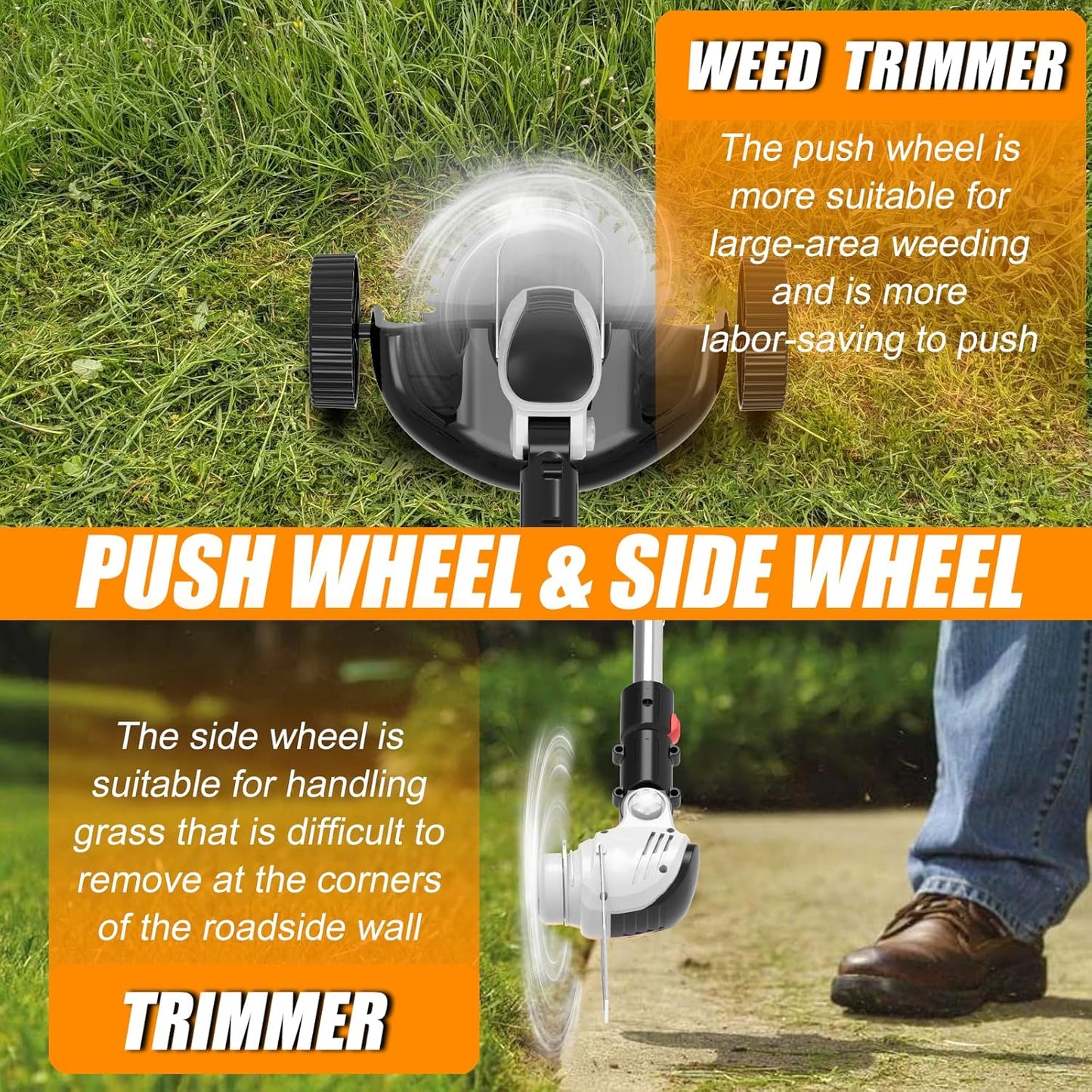 Electric Weed Wacker Cordless Eater, Battery Powered No String Grass Trimmer with 2 21V/4Ah Battery Operated&3 Types Blade&Wheels, Lightweight Weed Trimmer/Edger Lawn Tool for Garden Yard