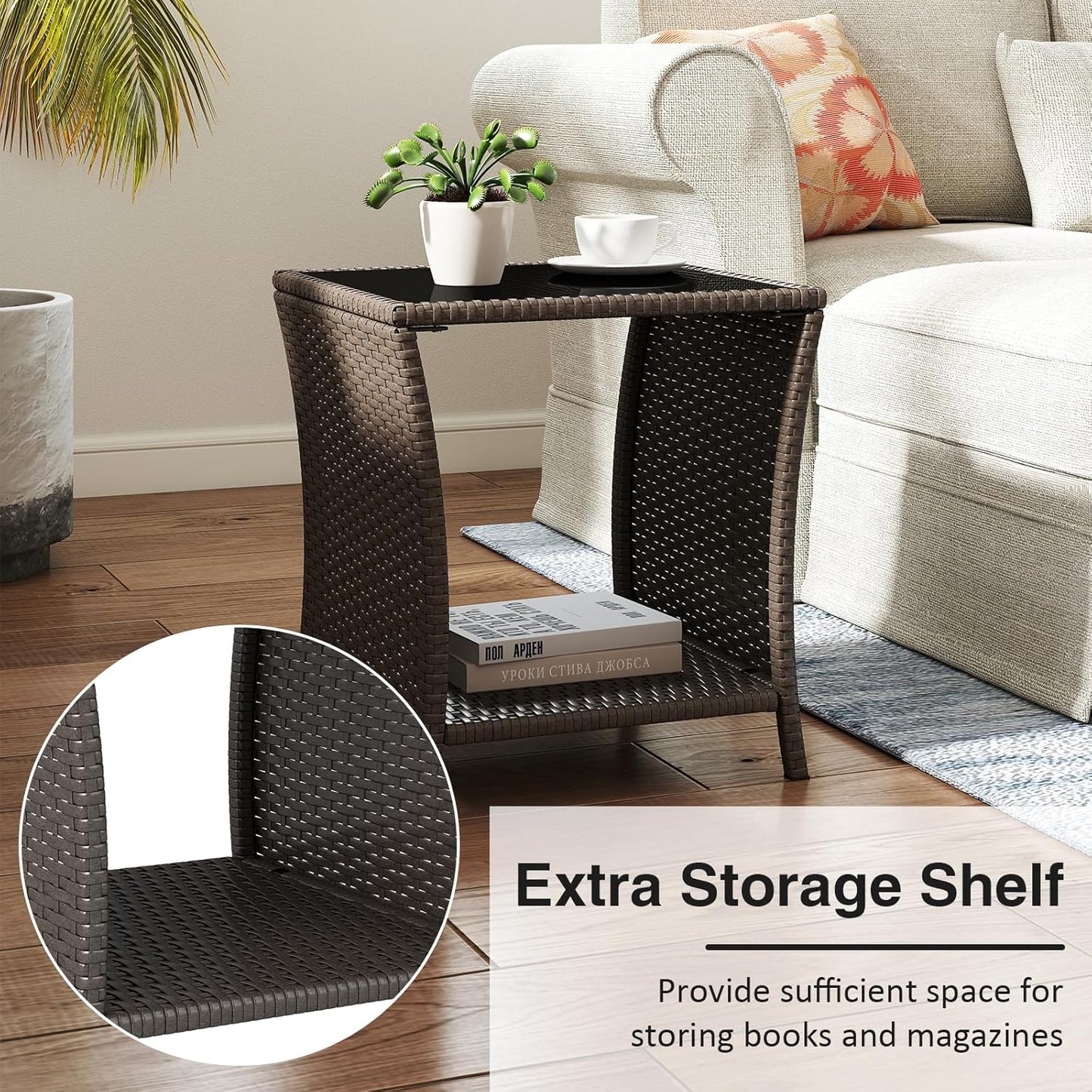 Outdoor Small Patio Table - PE Rattan Coffee Table, Wicker Side Table for Patio, Balcony & Porch, Durable & Iron Frame (1, Sesame)