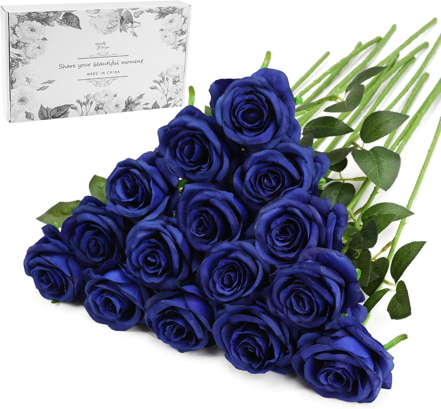 Blue Fake Roses Artificial Flowers - 16 Pcs Fake Artificial Roses Silk Flowers with Stems for Home Wedding Hotel Office Centerpiece Decor（Navy Blue）