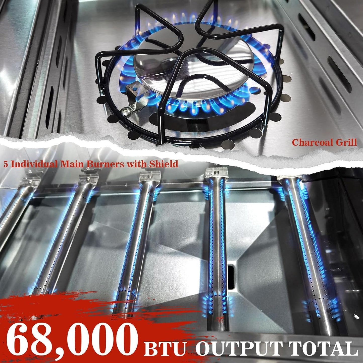 Llamaviva 68,000 BTU 5-Burner Propane Gas Grill with Side Burner & Food Clip | Professional Stainless Steel Outdoor BBQ Grill | 647 sq in Cooking Space + Warming Rack | Patio Cart Design for Backyard