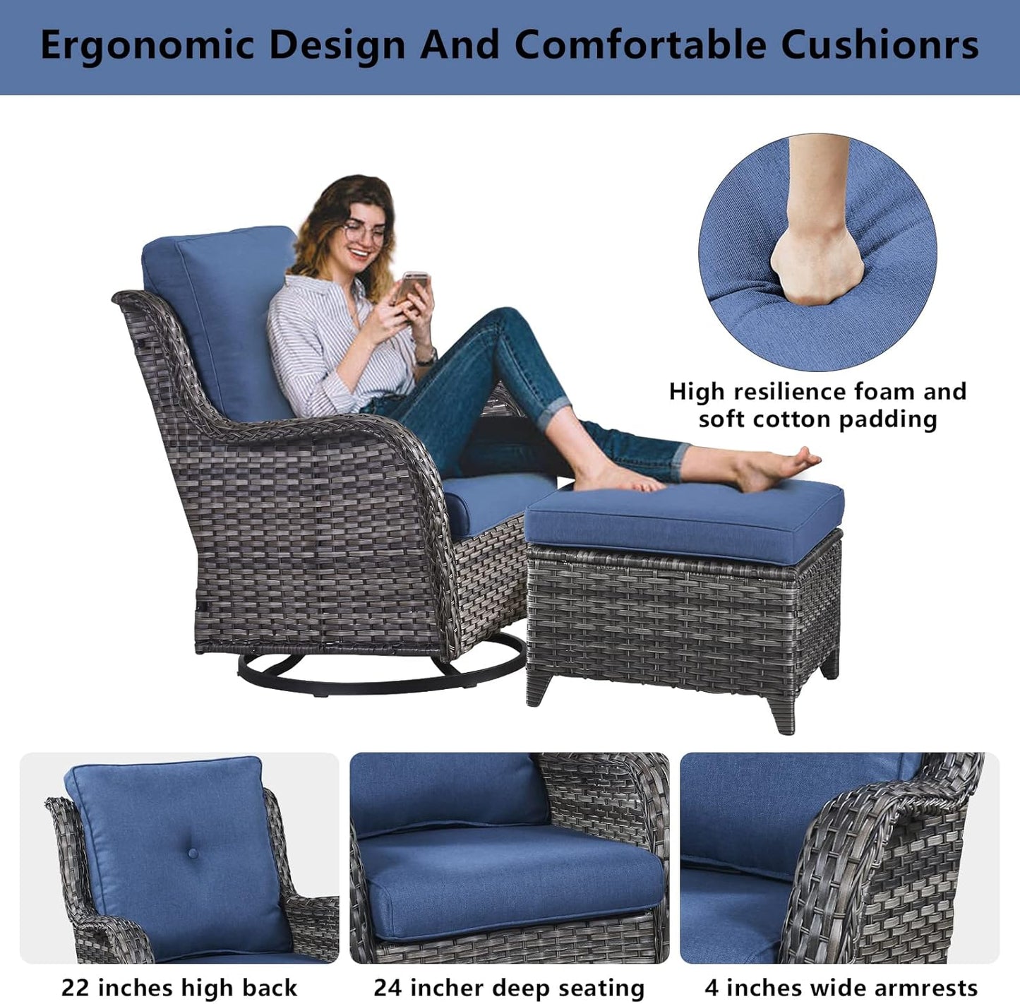 Wicker Outdoor Furniture Patio Furniture Set - 6 Piece Patio Conversation Set with Swivel Rocker Chairs, Loveseat Sofa, Ottomans and Coffee Table, Blue Cushion