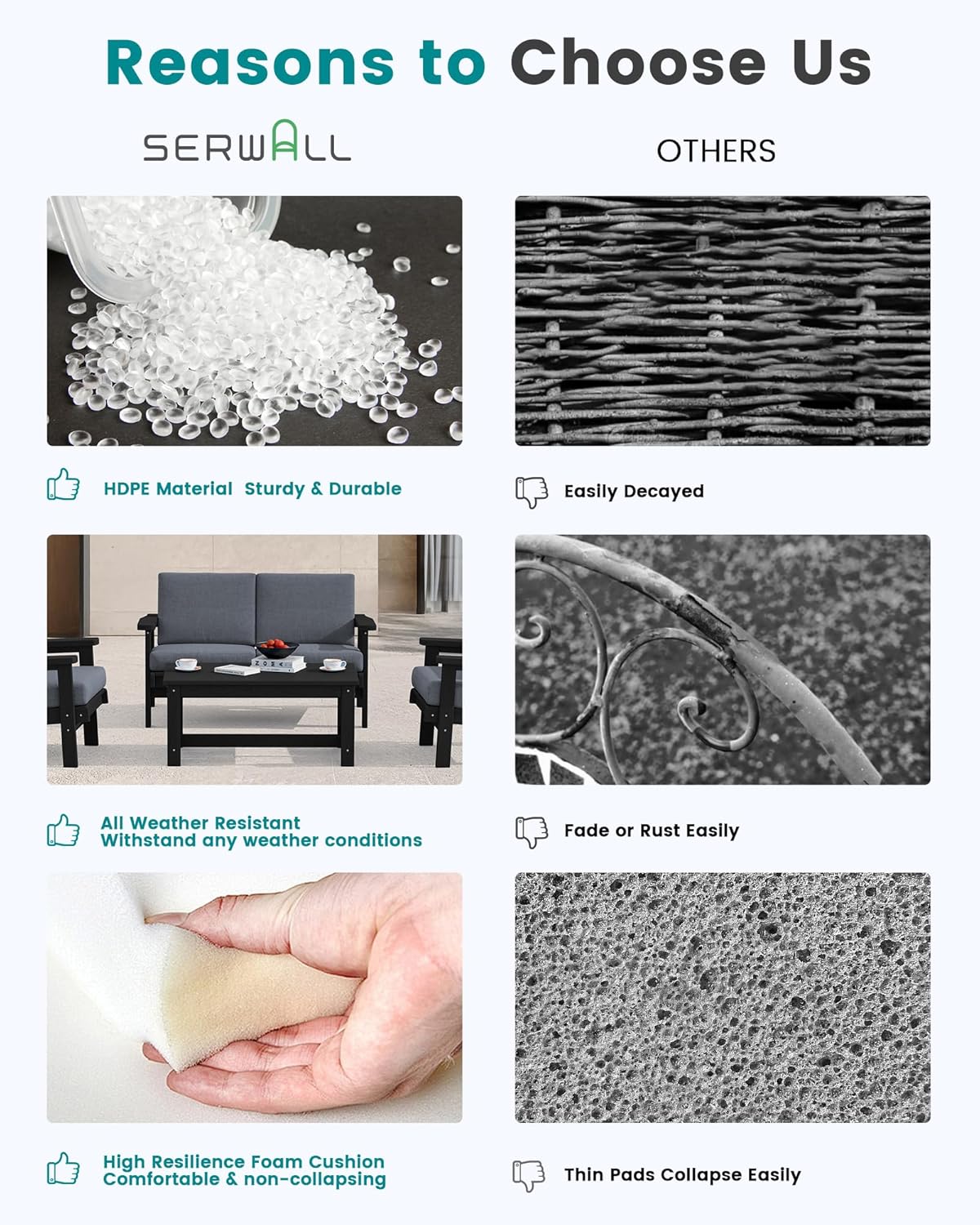 SERWALL HDPE Outdoor Couch Set of 2, Black Frame and Grey Cushion