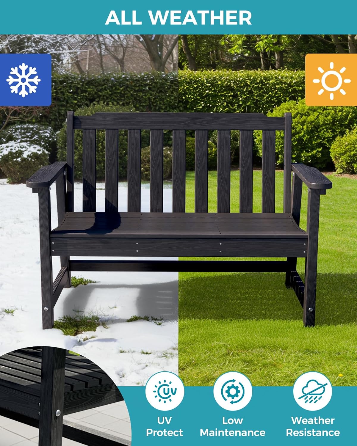 Outdoor Bench, 2-Person HDPE Garden Bench, All Weather Poly Patio Bench for Outdoors, Garden, Backyard, Porch and Park, 660 lbs Weight Capacity, Black