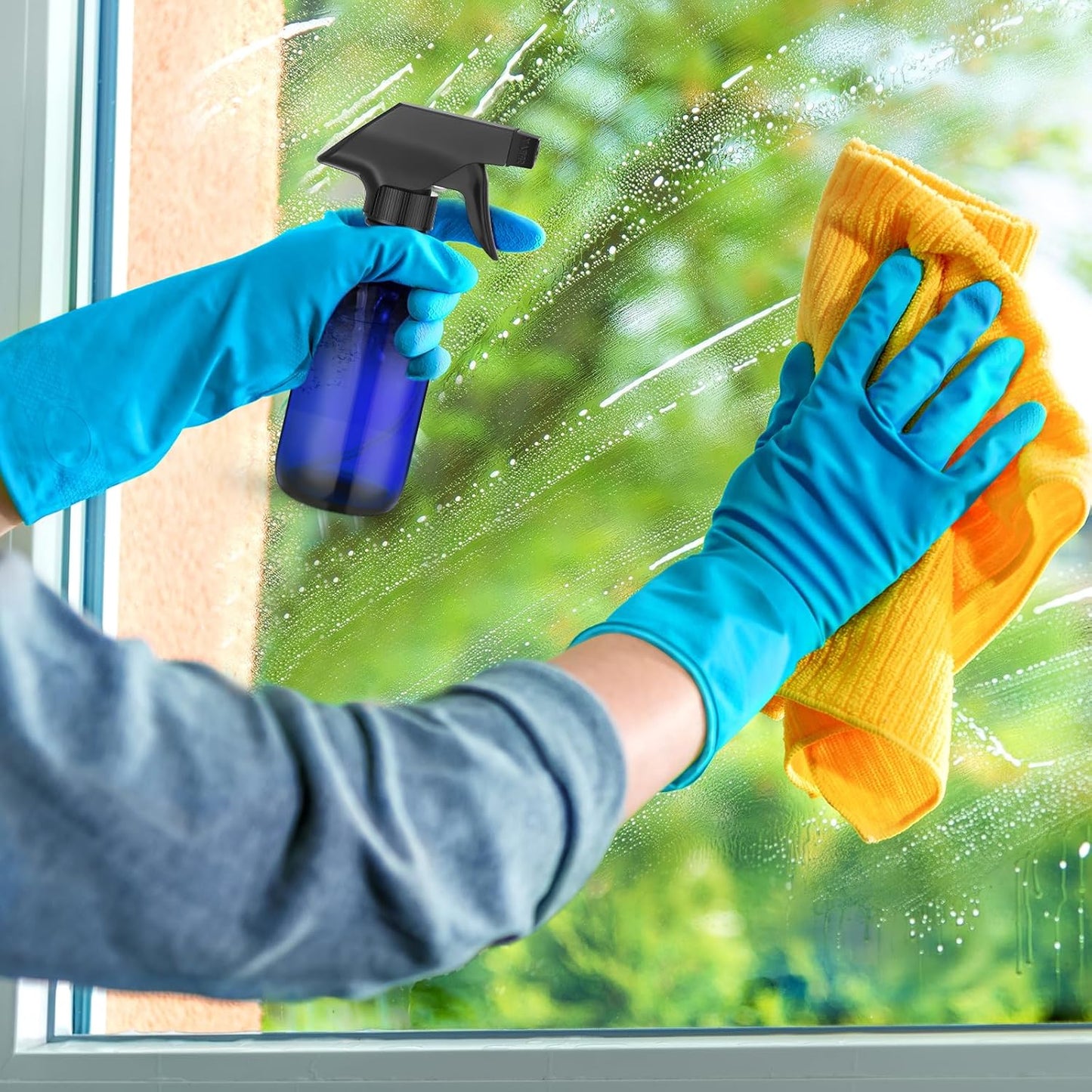 Norme 12 Pcs 8 oz Glass Spray Bottles with Funnels and Labels Refillable Cosmetic Empty Spray Bottles with Sprayer Containers for Essential Oil Cleaning Solutions(Blue,Classic)