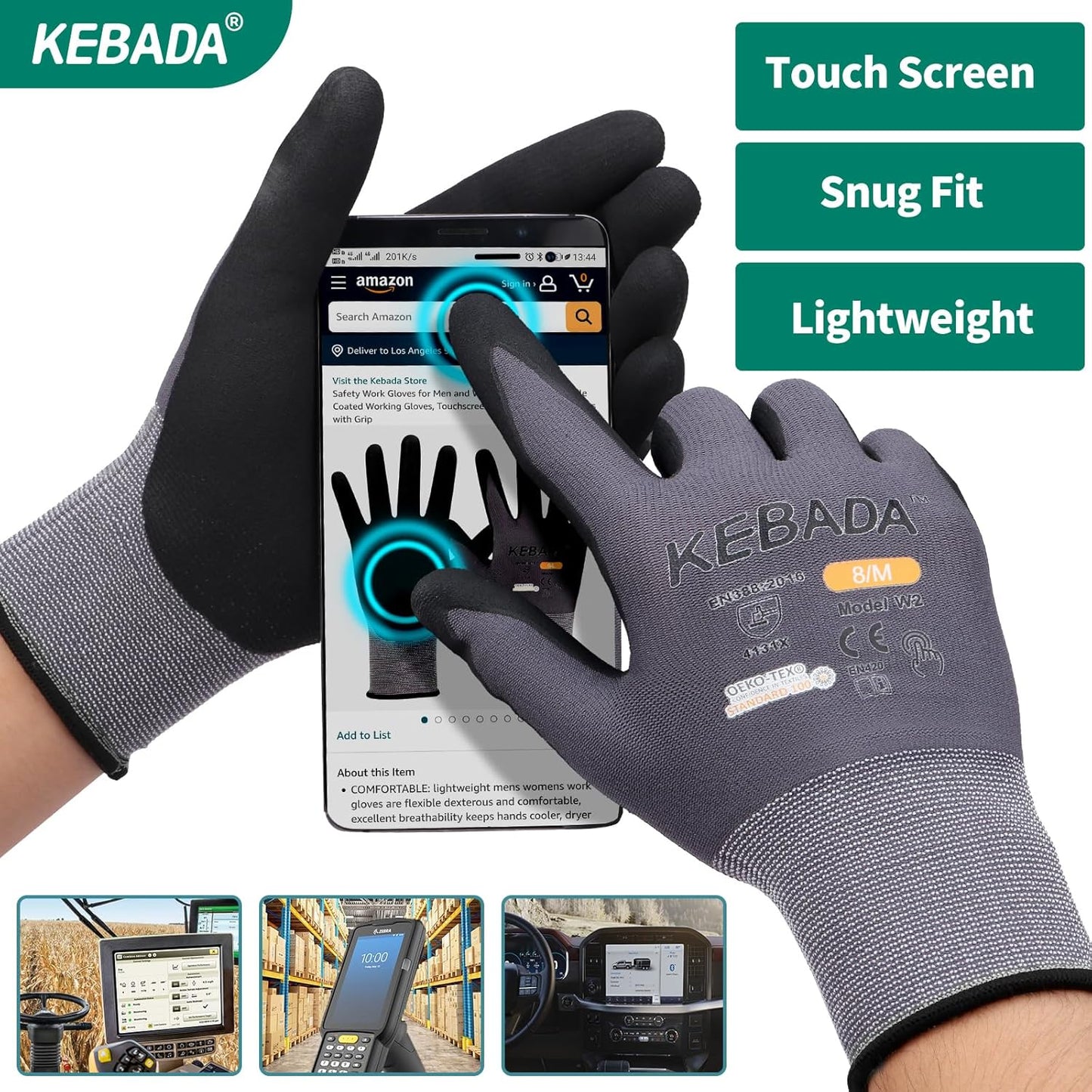 Kebada W2 Safety Work Gloves, Micro-Foam Nitrile Coated Gloves, Touchscreen,Ideal for Package Handling, Gardening, Construction, 1 Pair Large