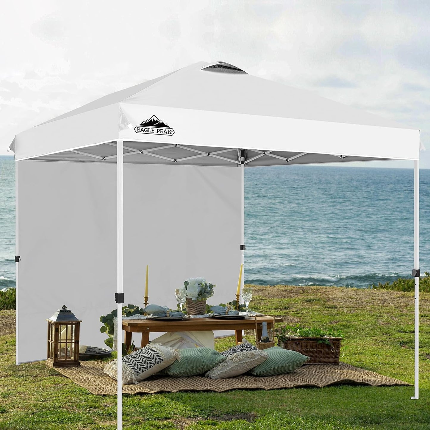 EAGLE PEAK Pop Up Canopy Tent with 1 Sidewall, Easy Setup Event Tent, Outdoor Sun Shade, Wheeled Carry Bag, Stakes and Guy Ropes, Instant Canopy 8x8, White