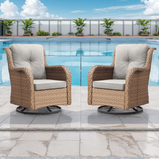 Outdoor Patio Swivel Rocker Chairs - Wicker Rattan Patio Swivel Rocking Chairs Set of 2 with High Back,Deep Seating and Comfort Cushions for Deck Porch Garden,Yellow/Beige