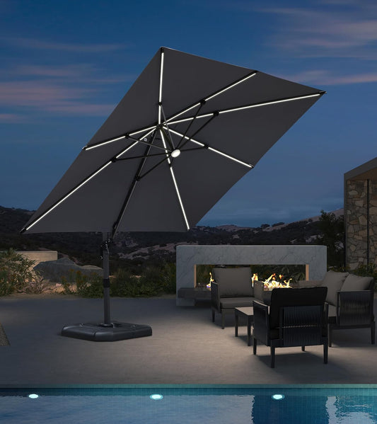 PURPLE LEAF 10 Feet Patio Umbrella Outdoor Cantilever Solar Powered LED Square Umbrella Aluminum Offset Umbrella with 360-degree Rotation for Garden Deck Pool Patio Light Grey