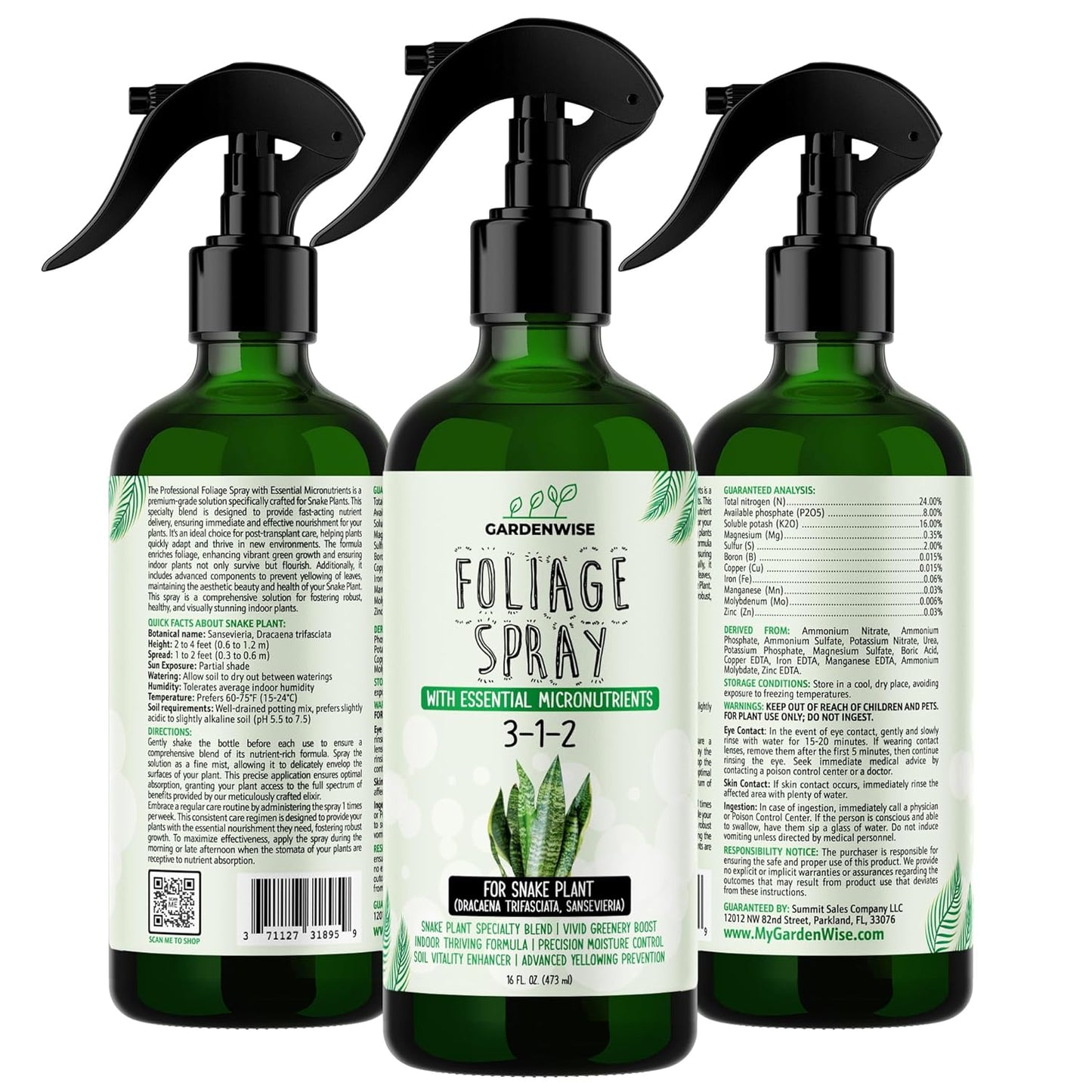 Professional Foliar Plant Spray with Essential Micronutrients 3-1-2 for Snake Plants, Dracaena trifasciata, Sansevieria - Liquid Fertilizer - Plant Food - Plant Shine - Plant Care (8 OZ)