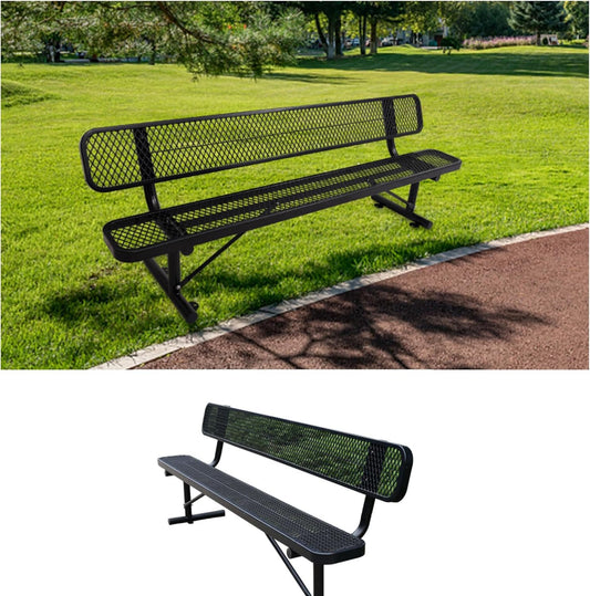 8 FT Heavy Duty Metal Park Bench for Outside, Black Bench with Backrest,4-6 Person Seat, Outdoor Commercial Metal Mesh Benches for Shopping Mall, Lawn, Park, Deck, Garden, Patio, Porch