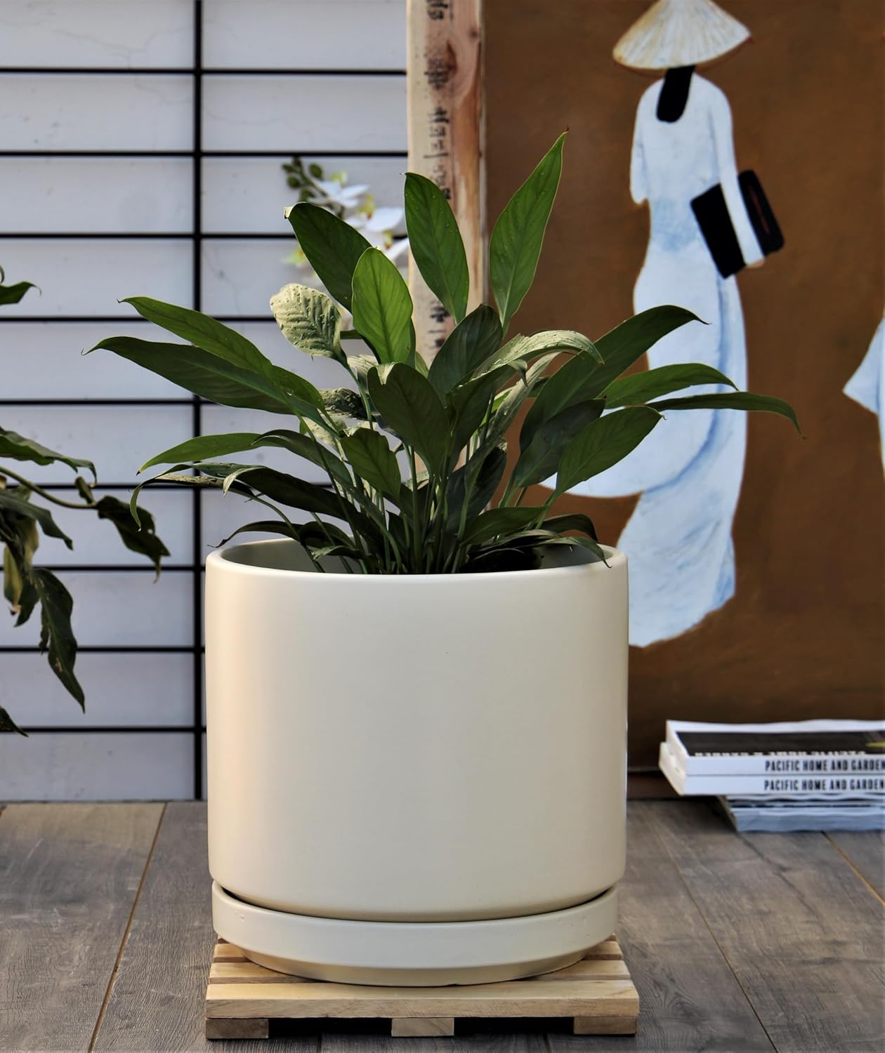 Mid Modern Planter with Detached Saucer (Cloud White,10.0" D x 9.0" H)