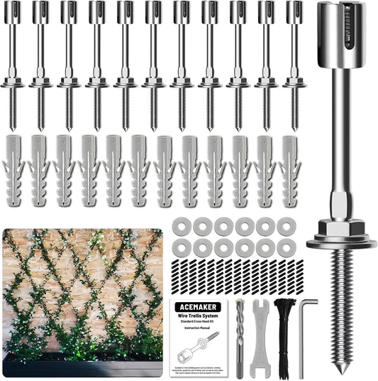 Wire Trellis for Climbing Plants Outdoor, 12-Set Wall Trellis Kit for 5/64"(2mm) Wire Ropes, T316 Espalier System for Fence and Garden DIY Projects (Hubs Only, Without Cable)
