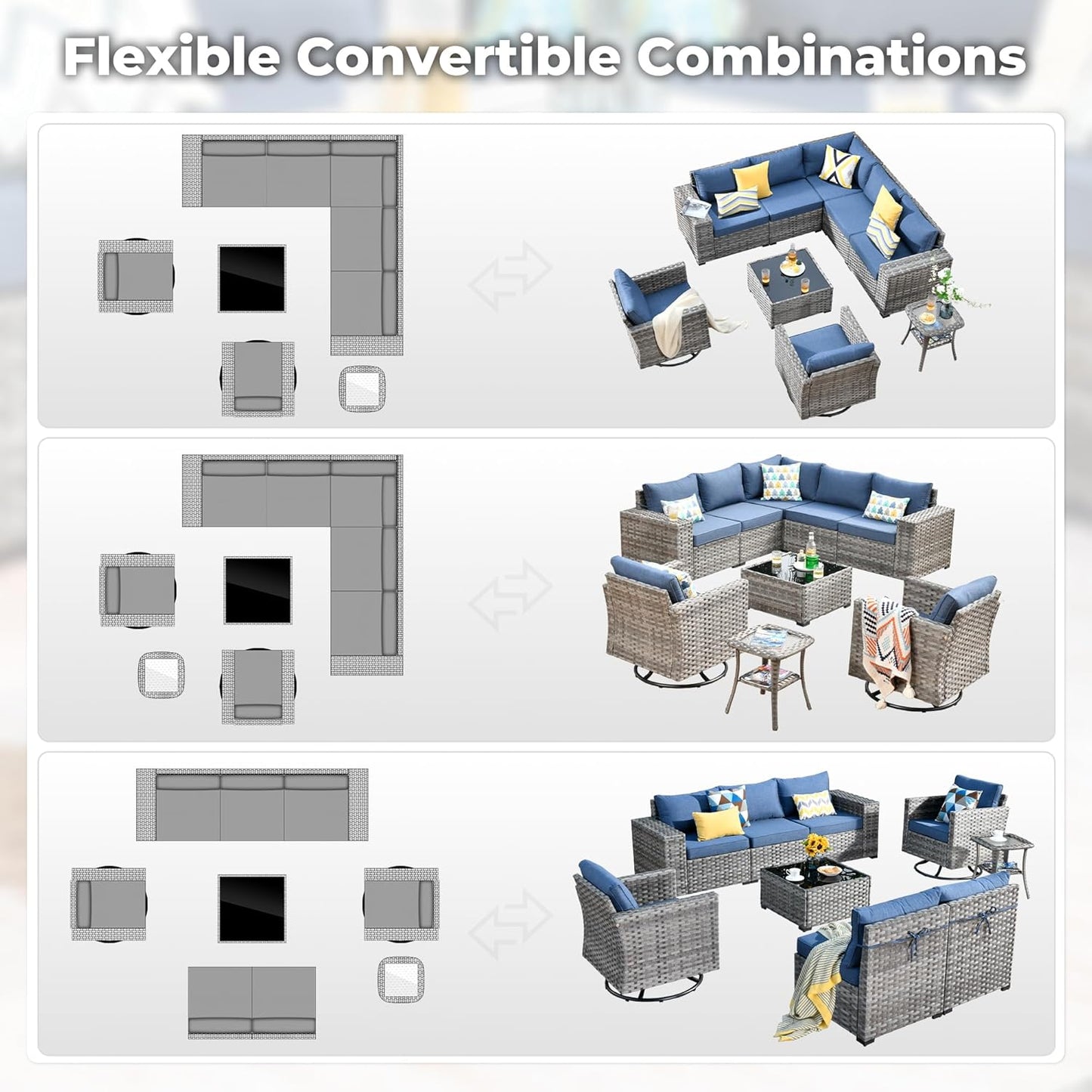 ovios 9 Pieces Patio Furniture Set, Outdoor Wicker Sectional Sofa with 2 Swivel Chairs Coffee Table, Modern Modular Deep Seat Rattan Couch Conversation Sets, Denim Blue