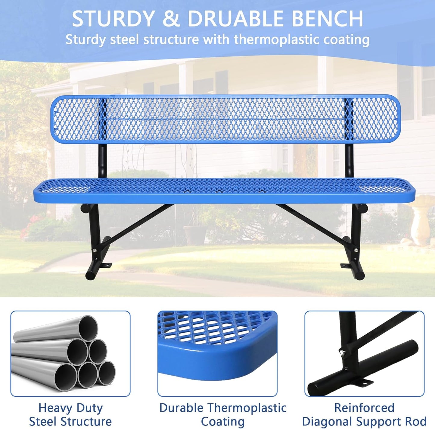 8FT Heavy Duty Park Bench with Back Portable Frame, Outdoor Steel Bench with Backrest, Outdoor Park Bench Expanded Metal Mesh Bench for Lawn, Park, Deck, Garden, Patio, Porch, Black (Blue, 8FT)