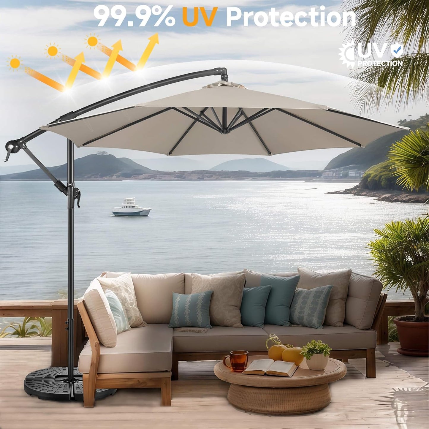 FLAME&SHADE 10ft Cantilever Patio Umbrella Outdoor, Large Offset Umbrella with Crank and Cross Base, UPF 50+ UV Protection Hanging Umbrella for Pool Deck Garden, Taupe