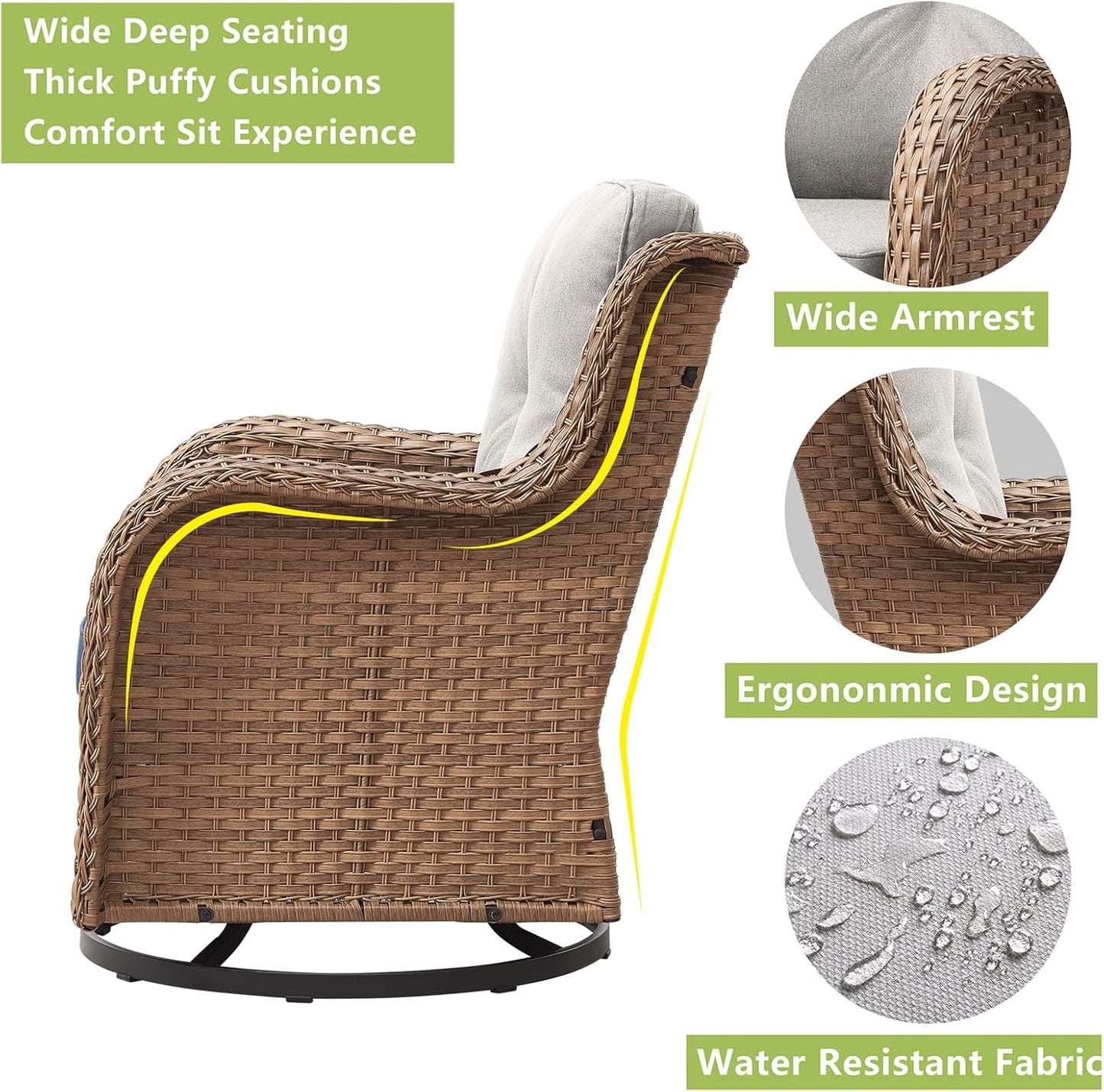 Outdoor Patio Swivel Rocker Chairs - Wicker Rattan Patio Swivel Rocking Chairs Set of 2 with High Back,Deep Seating and Comfort Cushions for Deck Porch Garden,Yellow/Beige