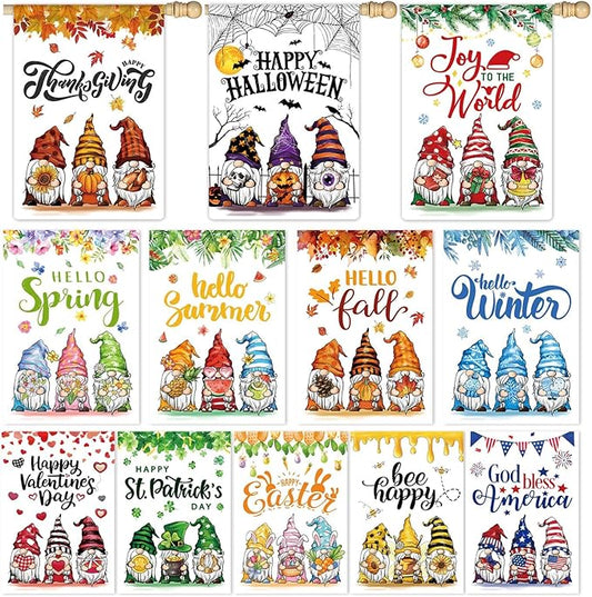 12 Pcs Three Gnomes Seasonal Large Garden Flags Double Sided Seasonal Truck Garden Flags for All Seasons Set of 12 Spring Easter Valentine Halloween Christmas Holiday Yard Decoration, Welcome Outdoor