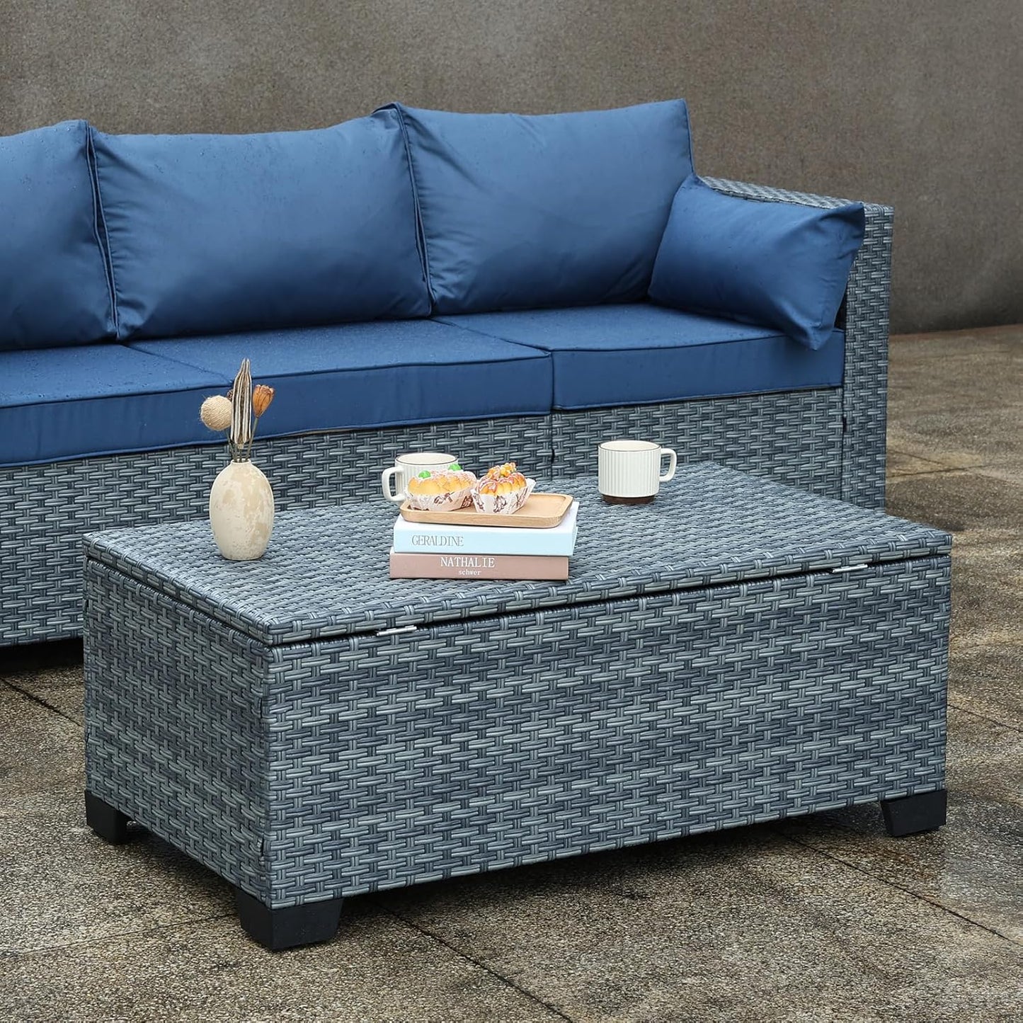 Outdoor Storage Table Wicker Patio Coffee Table All-Weather Rattan Side Table with Waterproof Cover, Grey