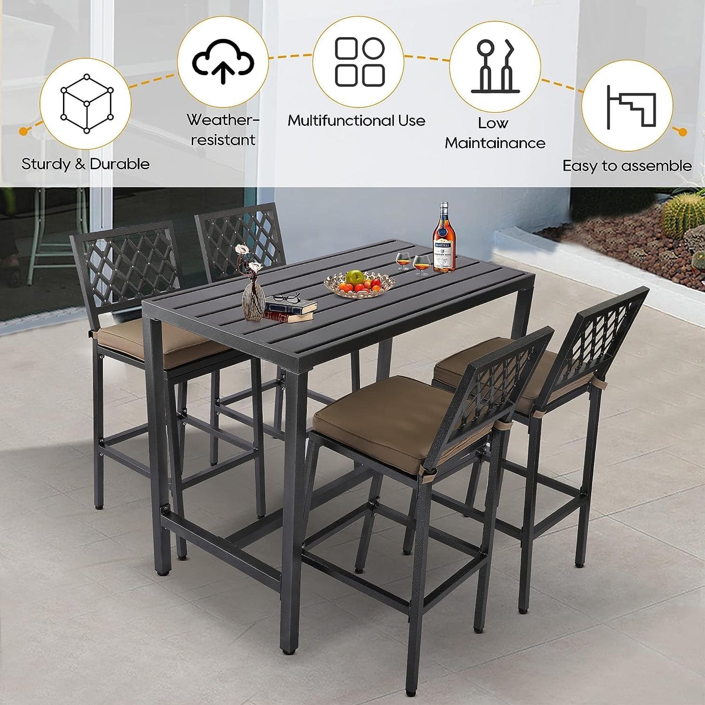 Outdoor Patio Bar Set, Bar Height Patio Dining Set, Weather-Resistant Bistro Counter Pub Set with Cushions & Slatted Tabletop for Backyard