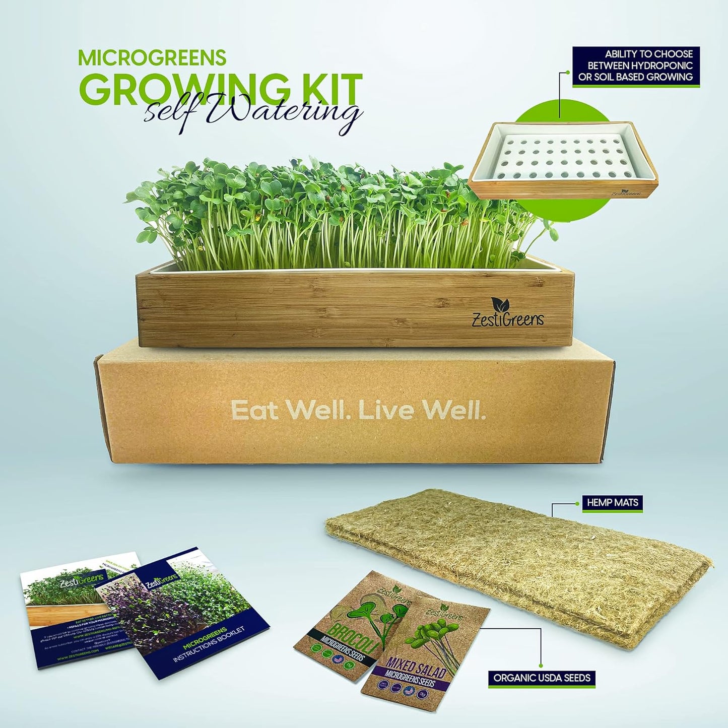 Self-Watering Microgreens Growing Kit – Easiest Way to Grow Fresh Microgreens at Home. Includes Reusable Tray, Organic Seeds, Grow Mats & Stylish Bamboo Frame – No Soil, No Mess (Salad & Broccoli)