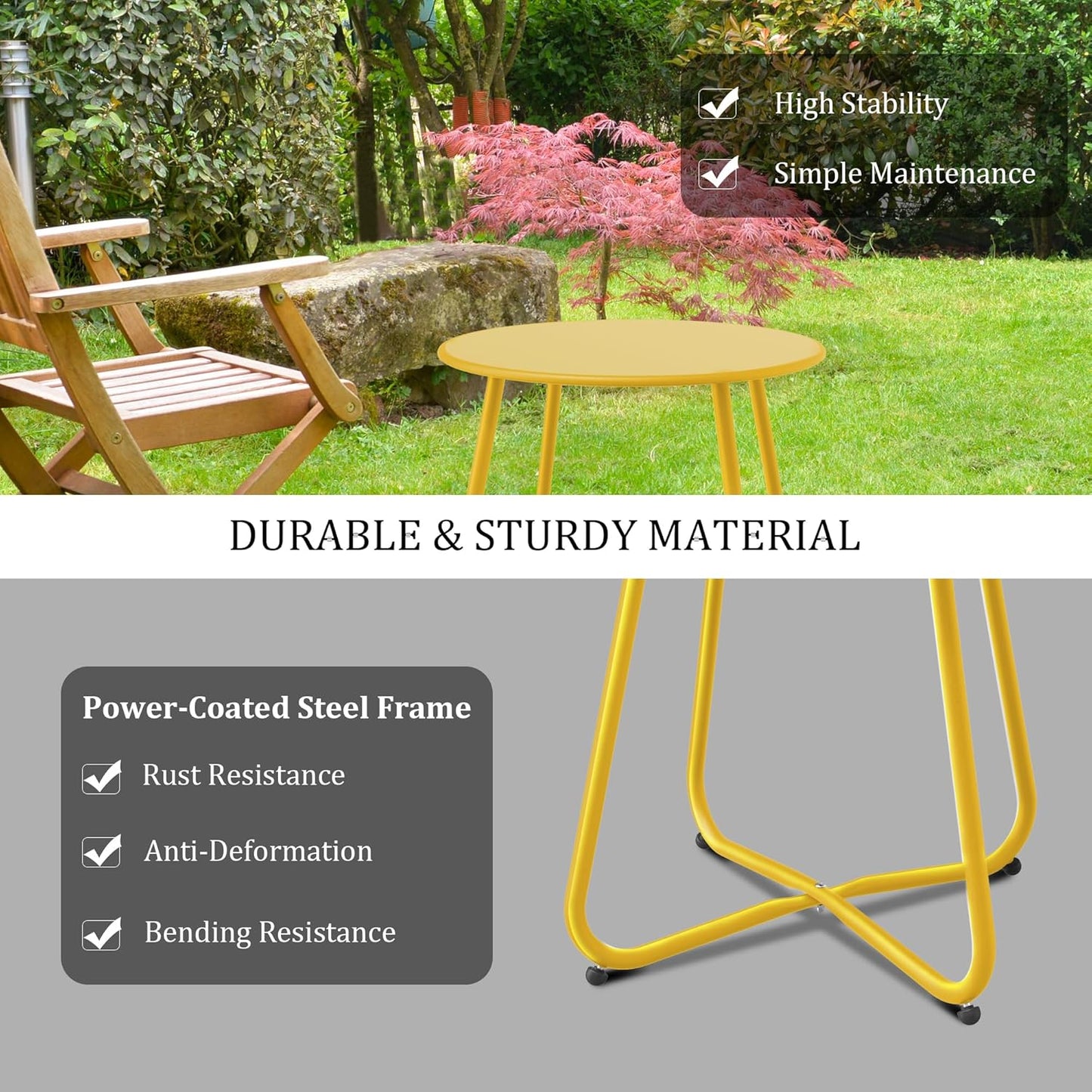 Patio Side Table Waterproof Round Metal Steel Weather Resistant Portable Outdoor and Indoor End Table for Garden Balcony Yard, Lemon Yellow