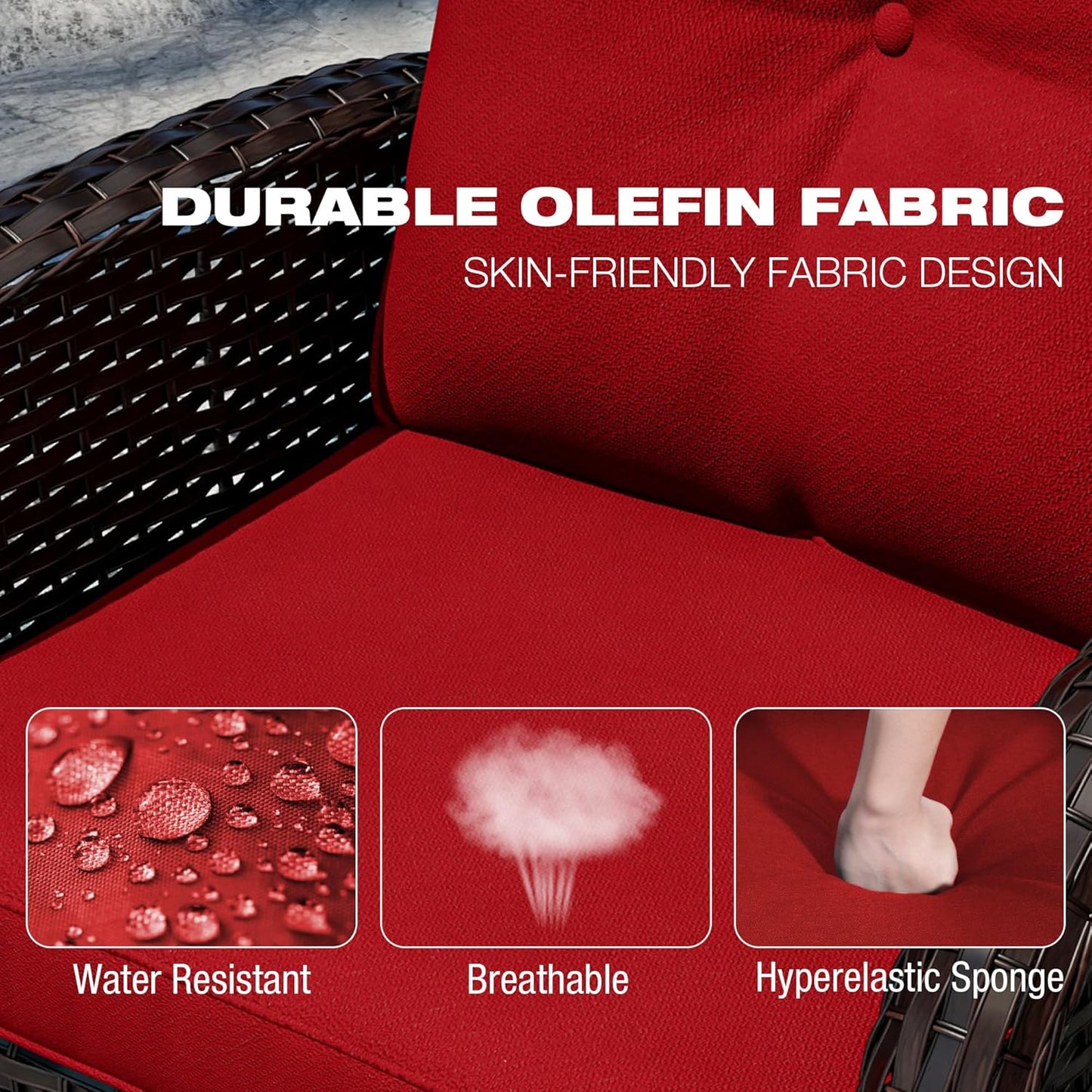 Joyside Outdoor Swivel Rocker Chairs, 3 Piece Wicker Patio Set with Thick Cushion and Side Table, Rattan Patio Swivel Rocking Chairs for Porch, Deck Use (Brown/Red, 3 PCS)