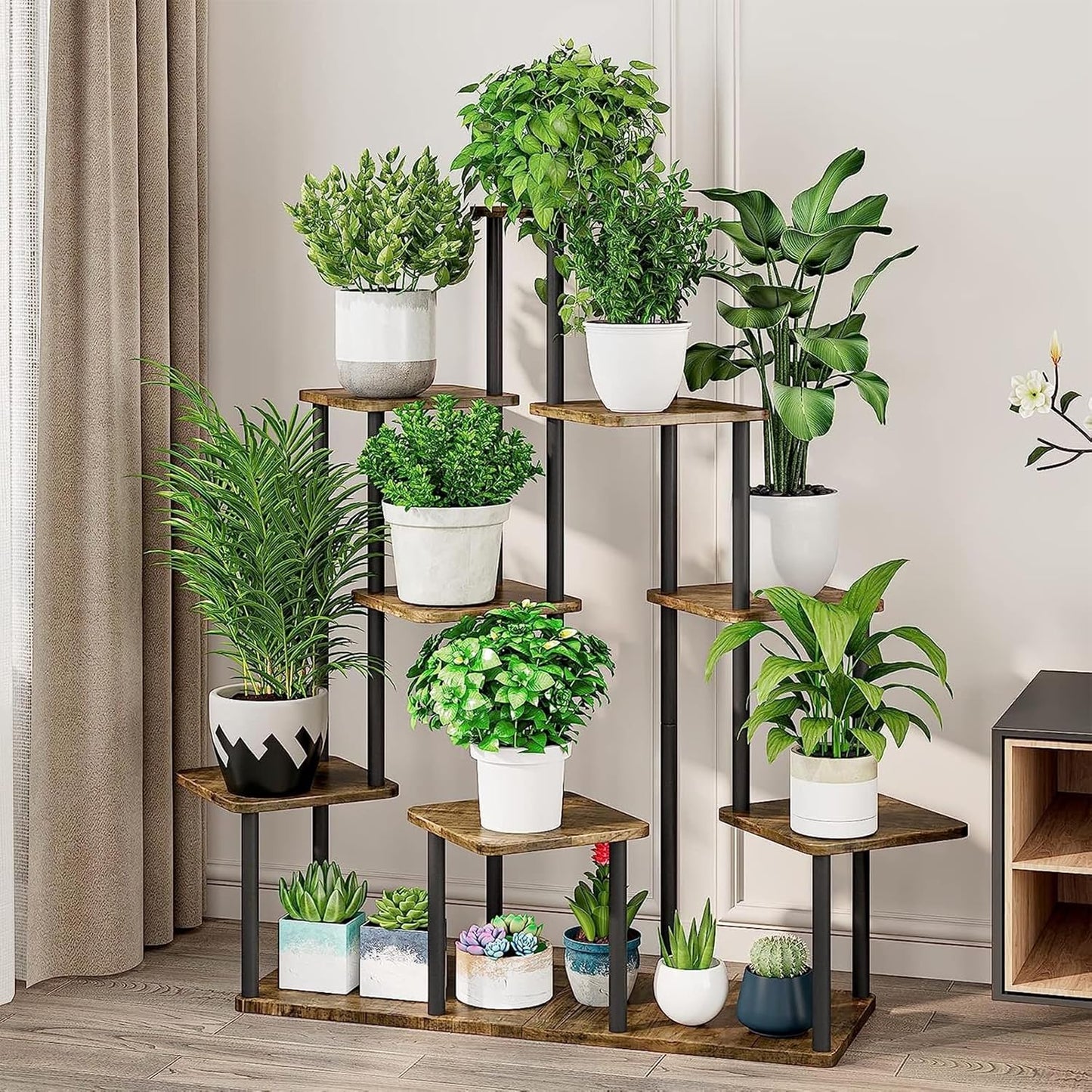 9 Tier Wood Tall Plant Stand Metal Rack Indoor, Multiple Flower Pot Holder Shelves Corner Rack, Planter Shelf Display Rack Storage Organizer for Patio Living Room Balcony Garden(Black)