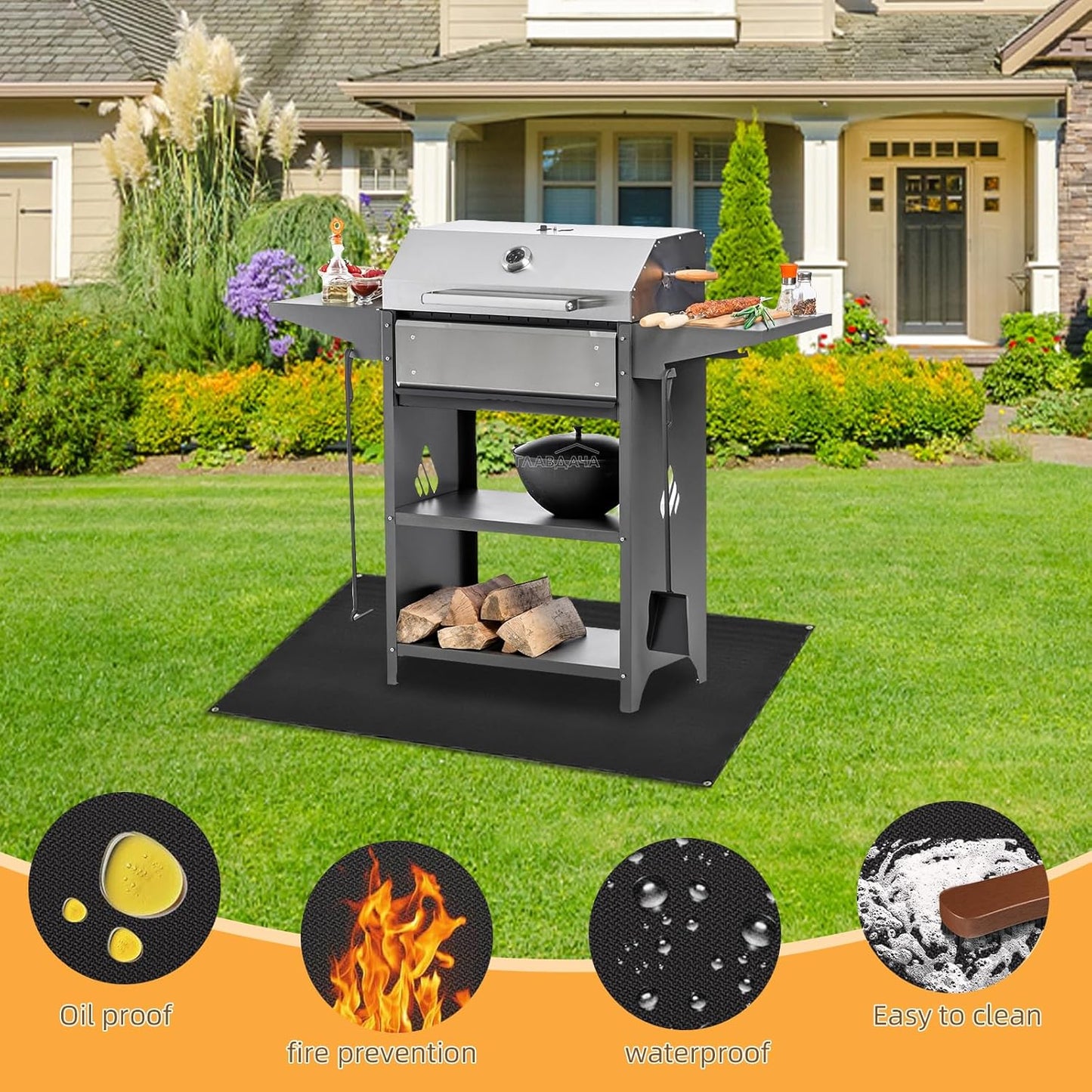 Under Grill Mat for Outdoor Grilling, 32 x 48 inches Double-Sided Fireproof Waterproof BBQ Protector for Deck and Patio Under Grill Mat for Outdoor BBQ