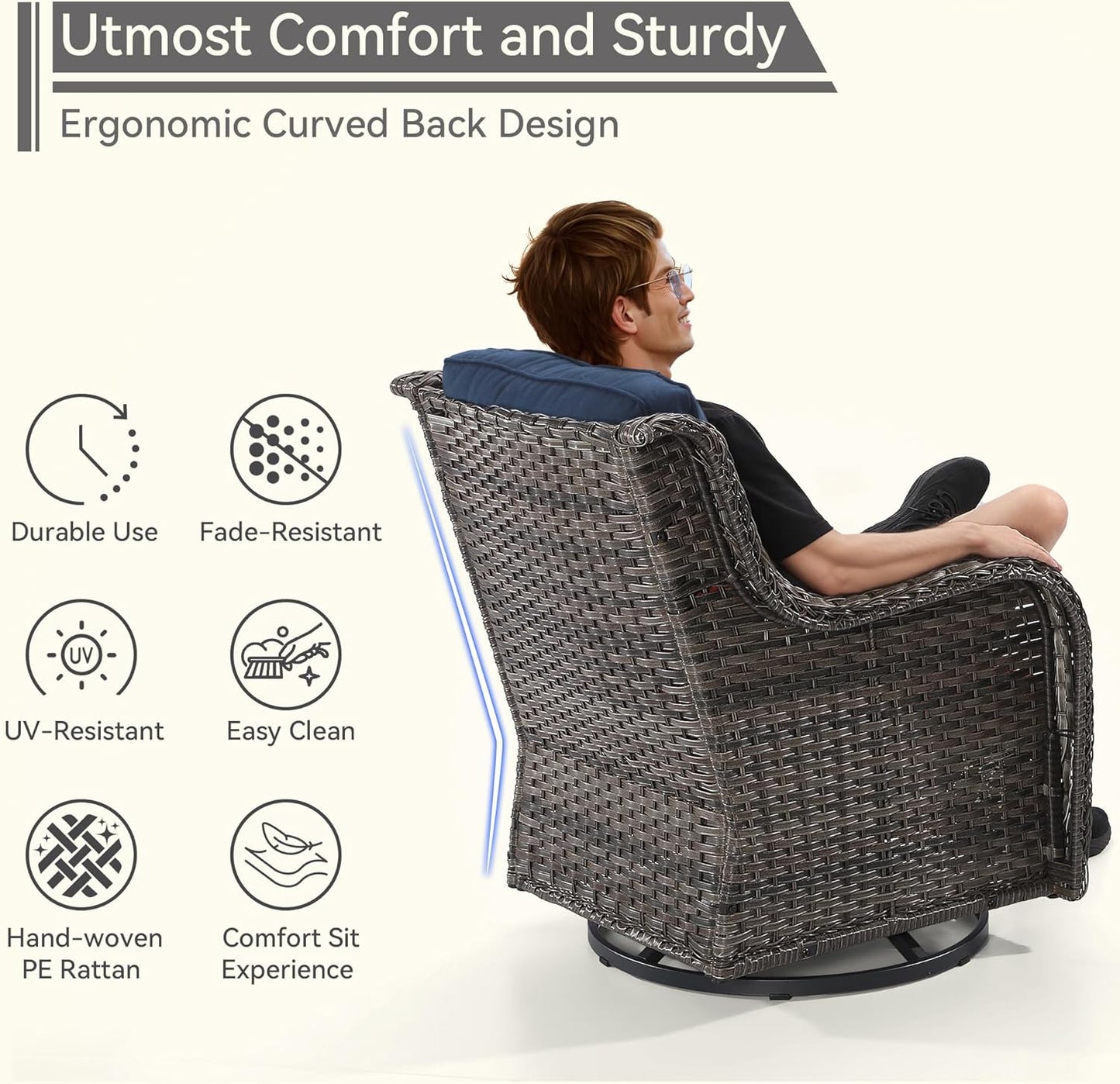 5 Piece Outdoor Patio Furniture Set Wicker Conversation Set Swivel Rocking Chairs with Side Table and Ottomans for Backyard, Porch, Deck, Blue