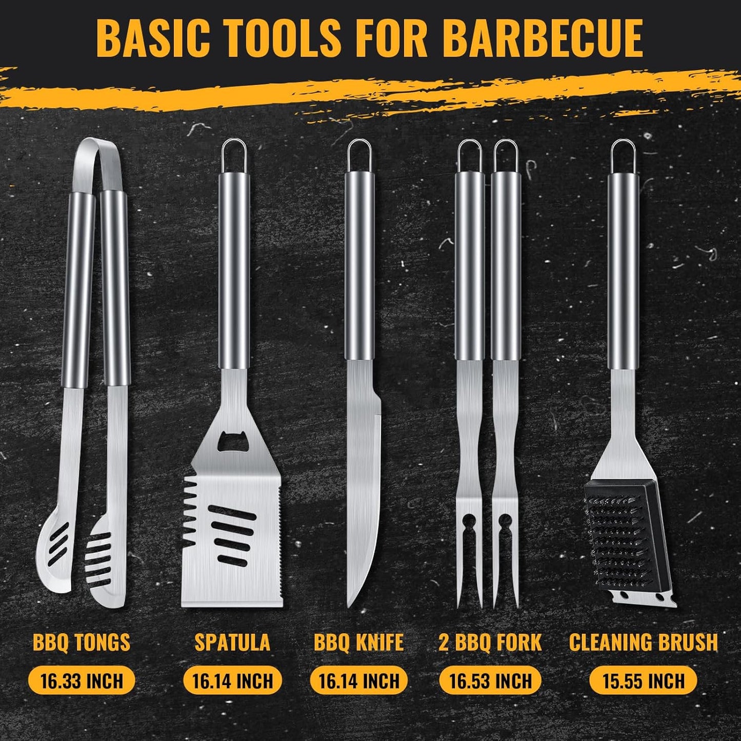 BBQ Grilling Accessories, 16-Inch Stainless Steel BBQ Grill Tools Set for Men, Heavy Duty Grilling Accessories Kit for Camping, Kitchen, Extra Thick Barbecue Utensil