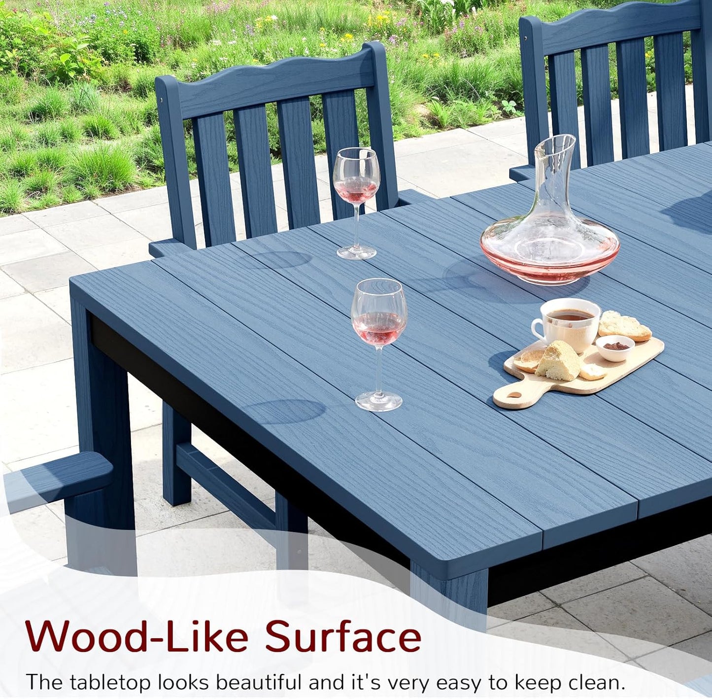 Stoog All-Weather Patio Dining Sets, 7 Pieces Waterproof Dining Table and Chairs Set, HIPS & Aluminum Dining Table with Umbrella Hole, Never Rot or Fade, for Garden, Backyard, Deck, Blue