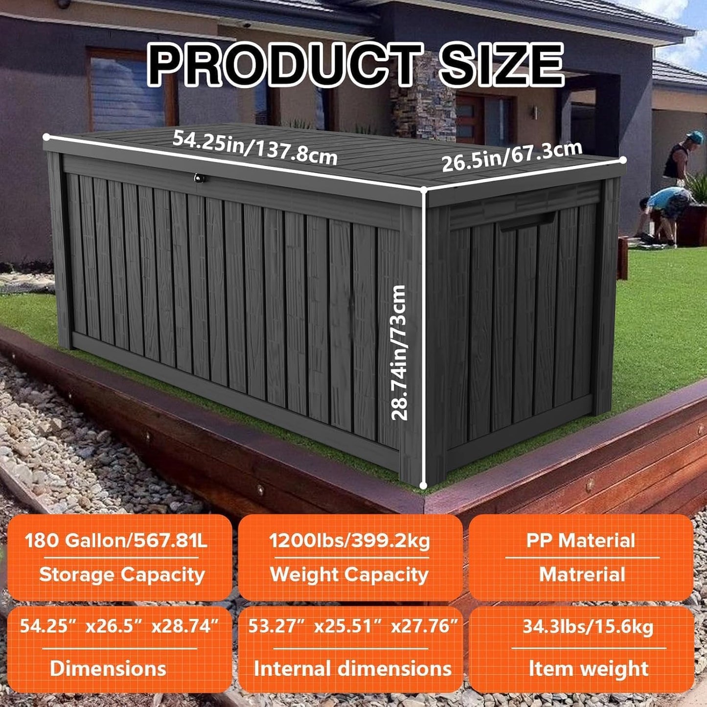 180 Gallon Outdoor Storage Box Waterproof Lockable Resin Deck Box Large, Patio Storage Bin for Pool Accessories Cushion Furniture, Garden Tools, UV-Resistant Outside Delivery Black