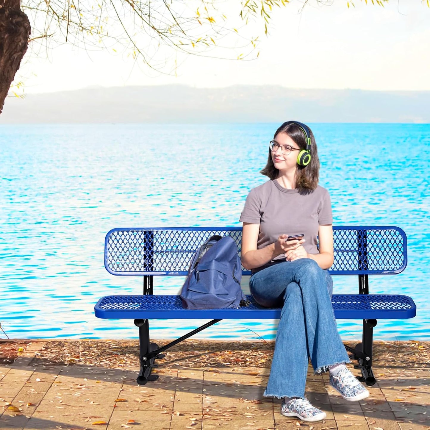 Drexo 6FT Heavy Duty Park Bench with Back Portable Frame, Outdoor Metal Park Bench with Backrest, Steel Mesh Outdoor Bench for Garden, Lawn, Patio, Porch, Park, Yard, Blue