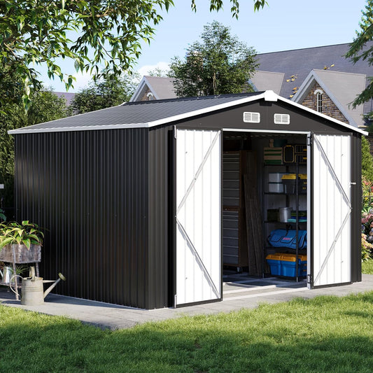 Aoxun 9.4x7.3x6.5 FT Outdoor Storage Shed with Base Outdoor Metal Shed for Tool, Garden, Bike, Placed in Patio, Garden Base Included (Black)
