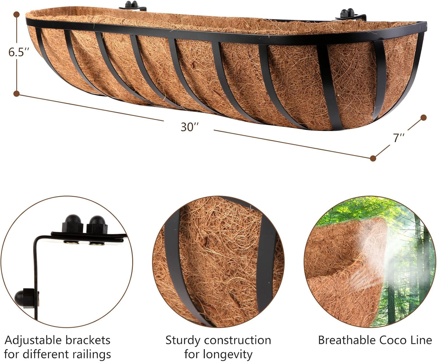 4 Pcs 30“ Window Box Deck Railing Planter with Coco Liner for Outdoor Balcony Porch Fence Patio Rail