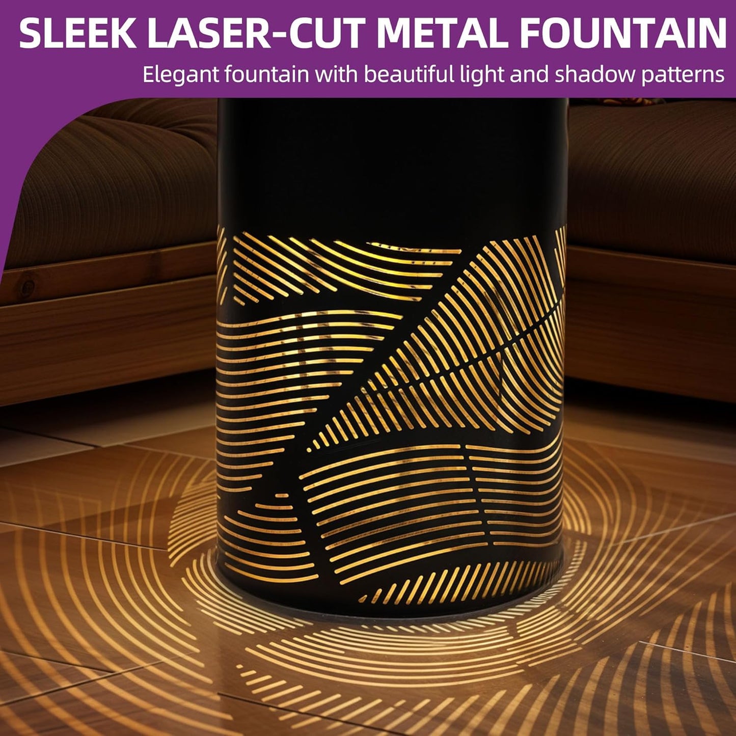 23.6" H Modern Metal Cutout Geometric Patterns Outdoor Water Fountain with LED Lights, Black Bird Bath Garden Fountain, Soothing Water Flow Creates Tranquil Ambiance for Patio, Deck, Porch Décor