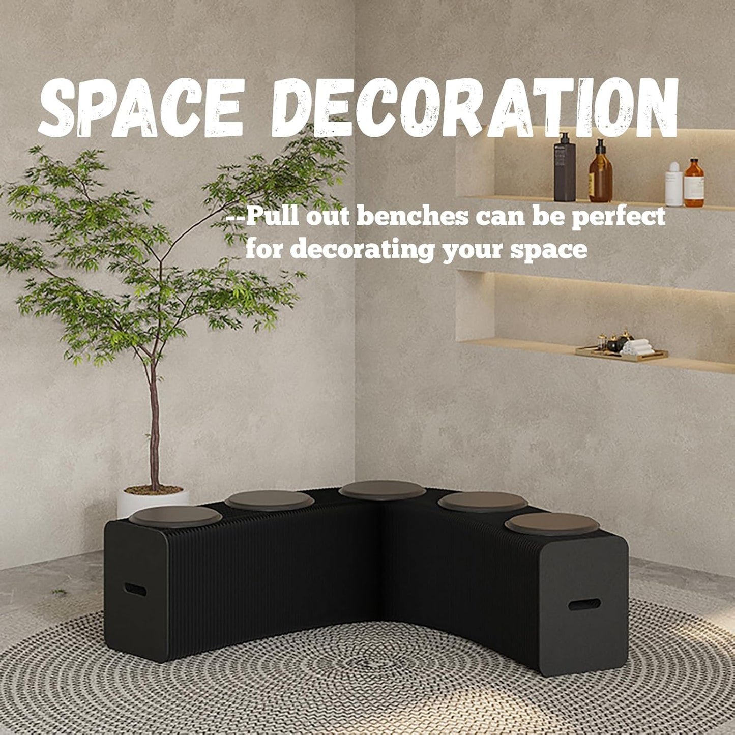 Foldable Kraft Paper Stool, Honeycomb Accordion Folding Bench, Collapsible Paper Stool for Small Spaces, Portable Footrest and Side Table for Living Room and Office,Black-30×30×600cm