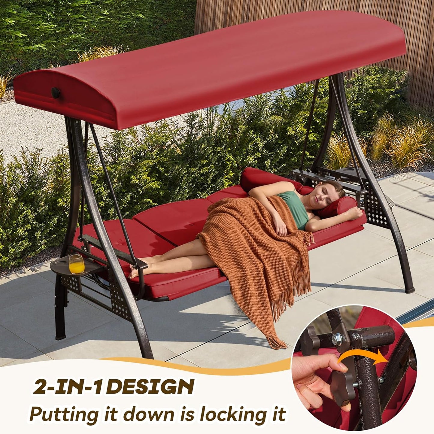 3 in 1 Outdoor Porch Swing with Adjustable Canopy, 3 Seat Outdoor Swing for Adults, Patio Swing Chair with Thickened Cushions,Pillows & Cup Holders for Backyard, Porch, Garden (Wine Red)