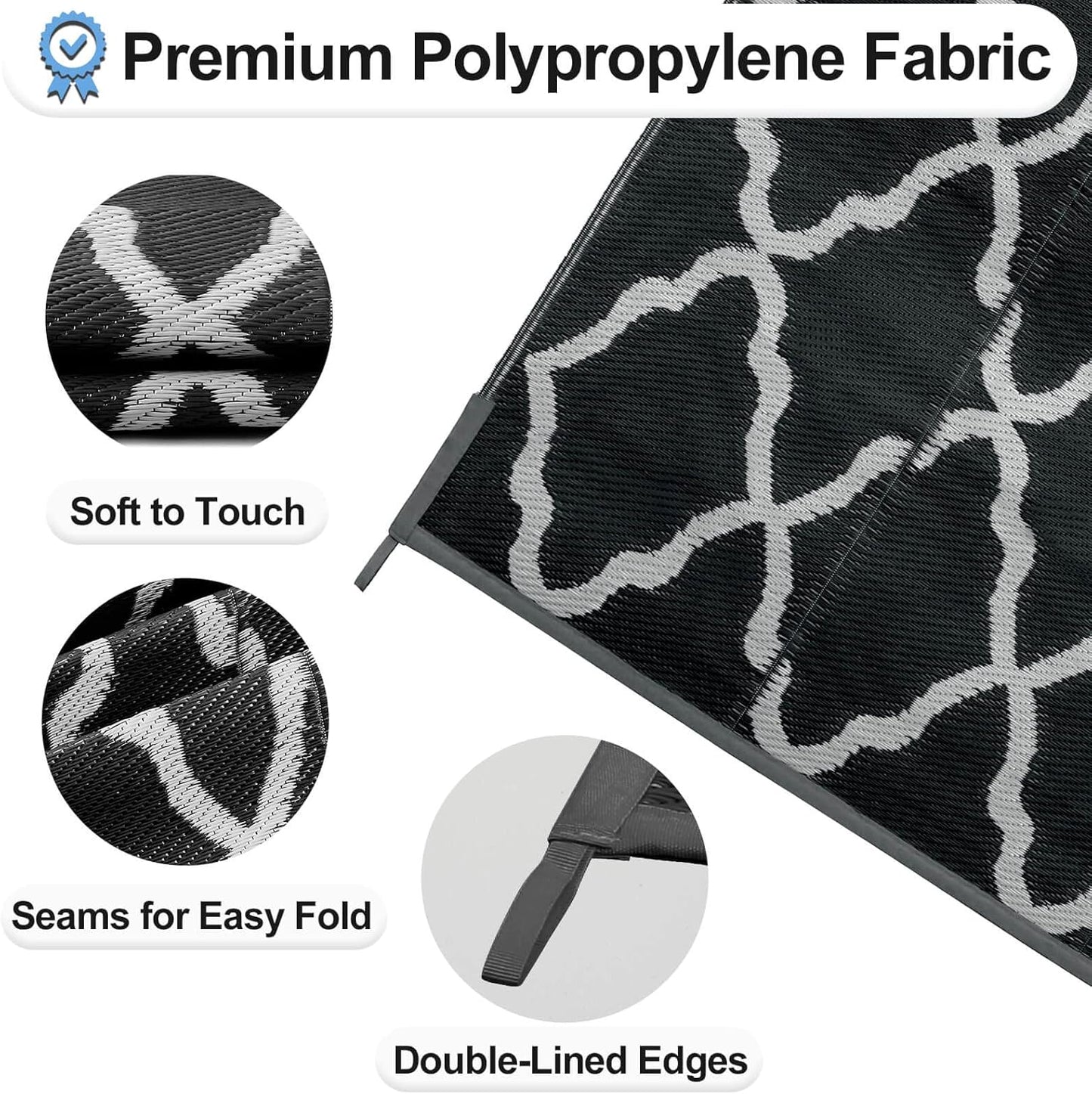 OutdoorLines Outdoor Plastic Area Rugs for Patio 4x6 ft - Reversible Outside Carpet, Stain & UV Resistant RV Mats, Straw Rug for Camping, Deck Garden, Porch and Balcony, Moroccan Black & Light Grey