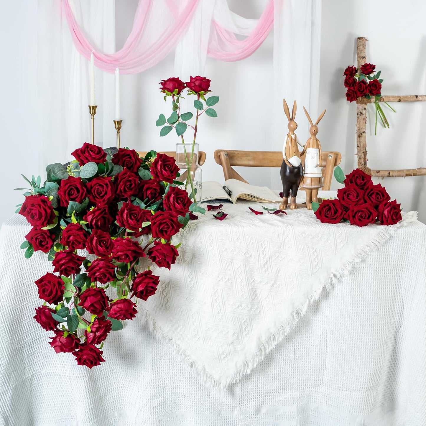 Fake Roses Faux Flowers Silk Roses Artificial Roses with Stems Realistic Artificial Flowers Suitable for Indoor Home Decoration DIY Bouquet Wedding Decor Party Decor 16.5In (Red, 36PCS)