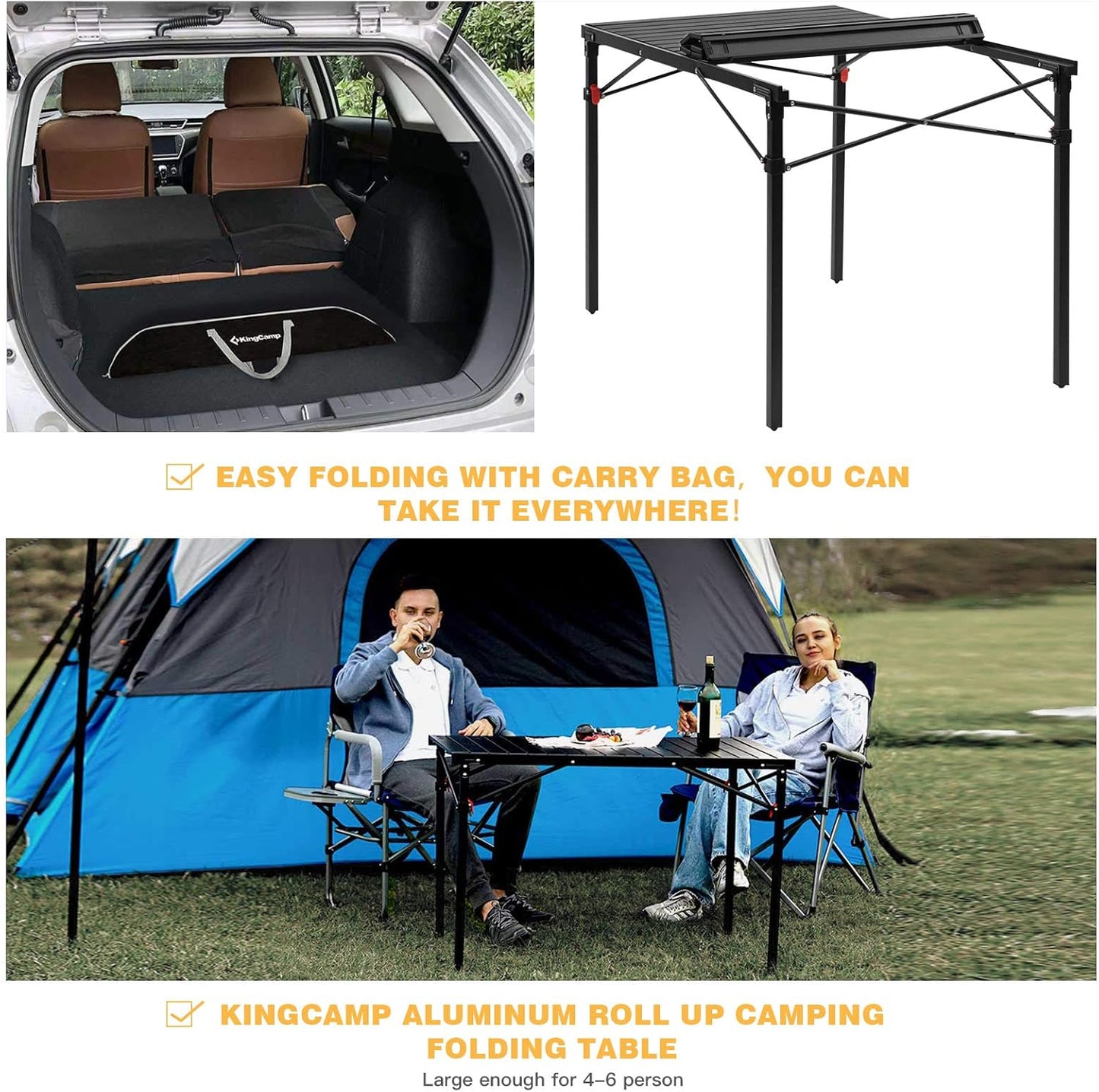 KingCamp Lightweight Compact Folding Camping Table,Stable Aluminum Alloy Folding Roll up Table for 4-6 Person for Picnic, Camping, Barbecue and Party,Portable Multifunctional Table with Carry Bag