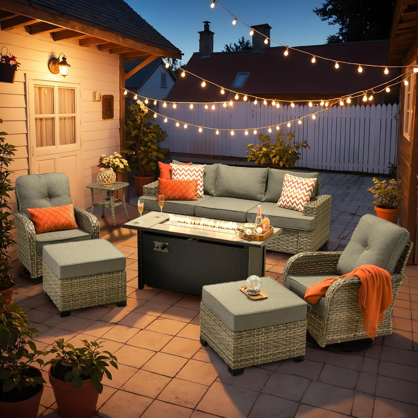 HOOOWOOO Outdoor Sectional Patio Furniture Set with Fire Pit Table,9 Pieces Wicker Conversation Sets,Extra Deep Out Door Sofa Outside Furniture Couch Swivel Chairs Ottoman,Charcoal Gray