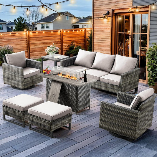 HUMMUH 7 Piece Patio Furniture Set with Fire Pit Table 41in 55,000 BTU,Wicker Outdoor Conversation Sets - Outdoor Swivel Rocker Chairs Patio Sofa for Porch,Garden,Backyard
